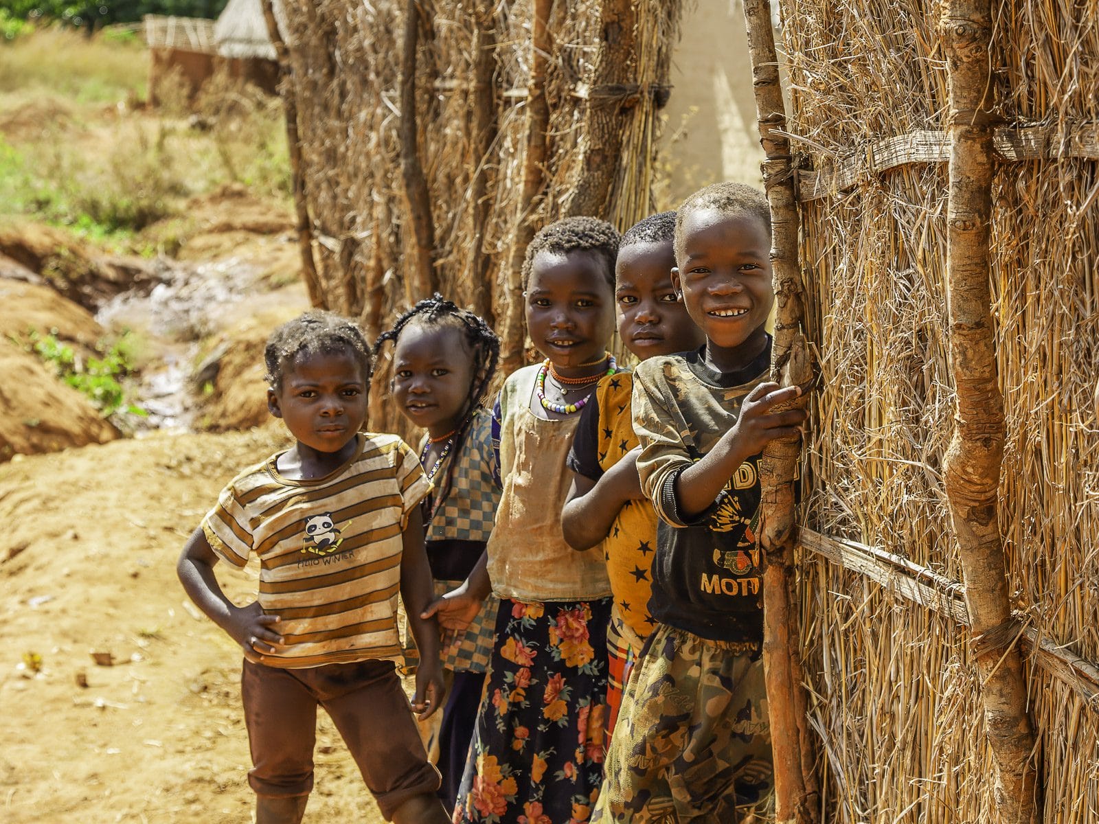 Young village children standing in the gateway of their grass fence in Mozambique.
