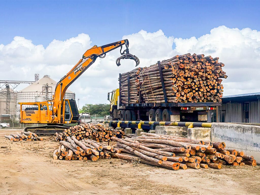 Moz Fibra loading timber logs onto a truck at their Beira Port site Mozambique