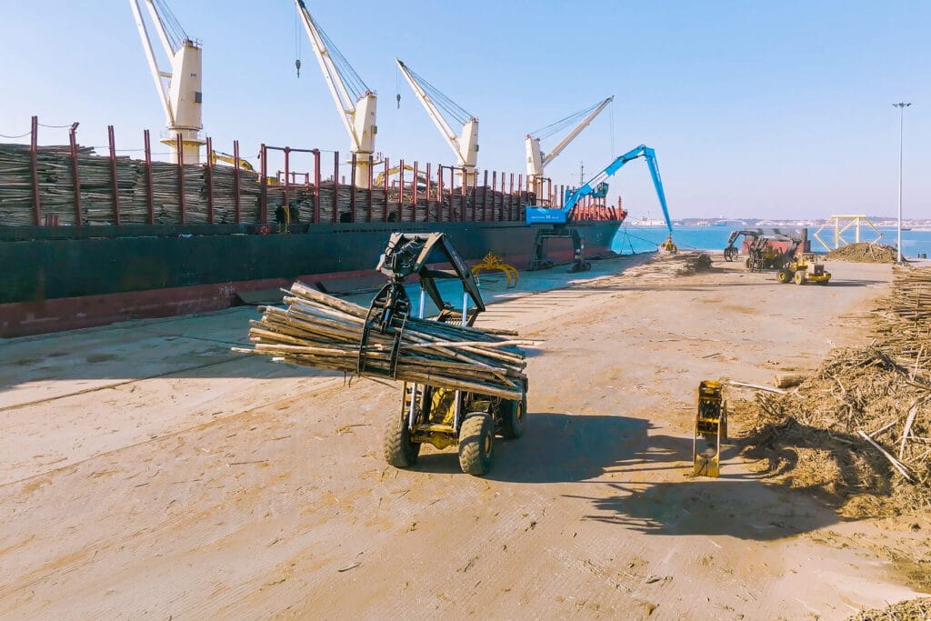 Moz Fibra Peeler logs exported to Portugal being unloaded
